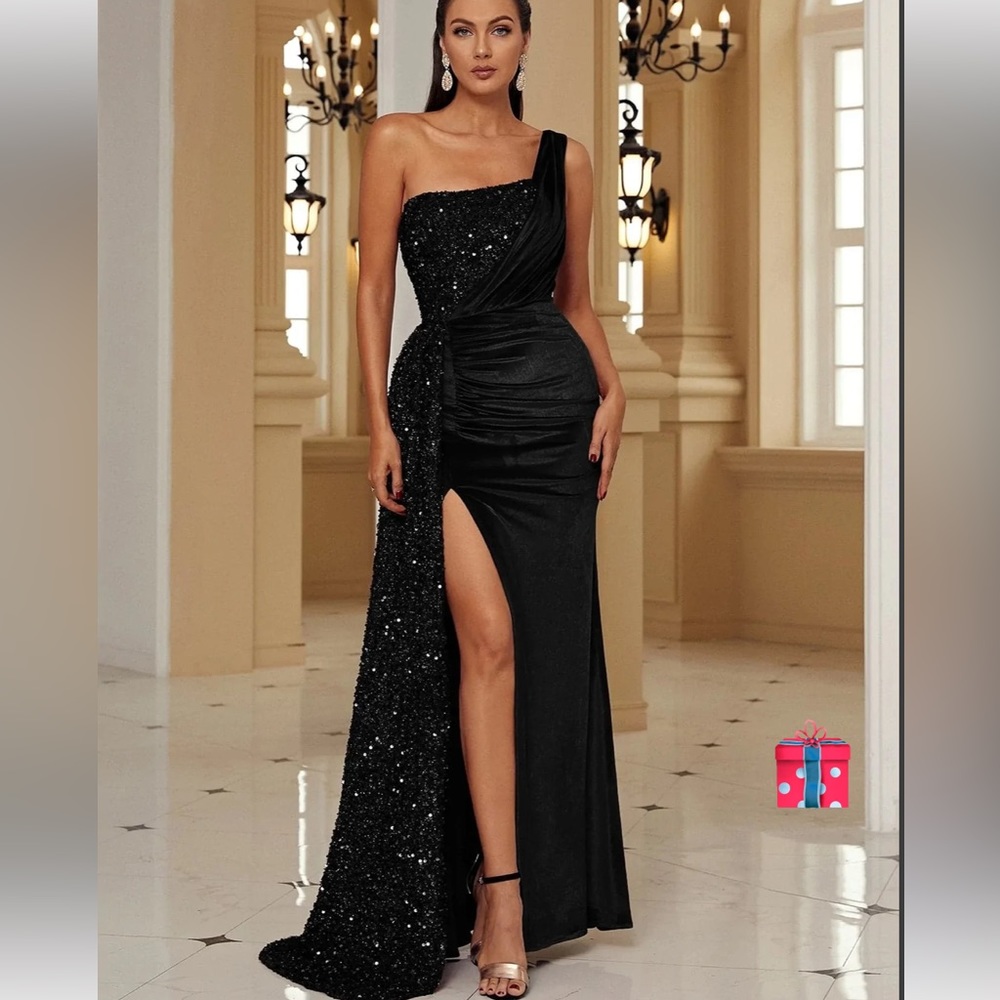 Formal One Shoulder Draped Sequin Black Prom Dress
